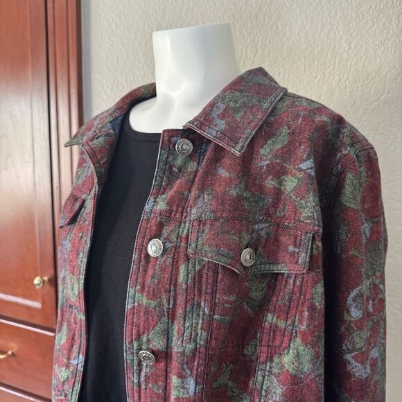 CJ Banks Red and Green Jean Jacket with Floral Pattern X - Picture 10 of 12